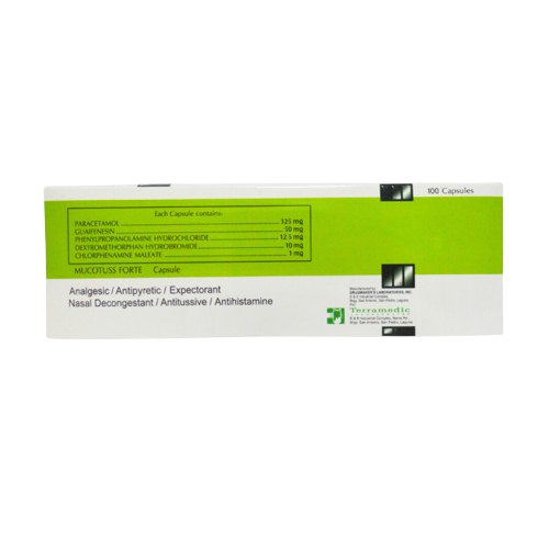 Mucotuss Forte (Paracetamol + Guaifenesin + Phenylpropanolamine + Dextromethorphan + Chlorphenamine) 325mg/50mg/12.5mg/10mg/1mg Capsule