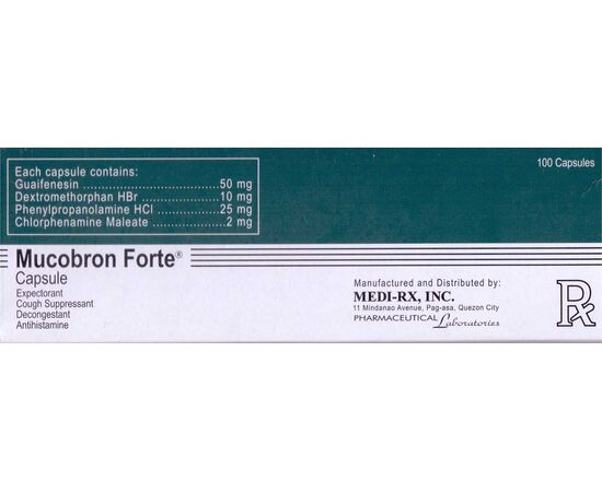 Mucobron Forte (Ambroxol HCl/Carbocisteine/Guaifenesin/Phenylephrine HCl) 50mg/10mg/25mg/2mg Capsule 