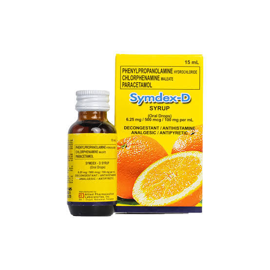 Symdex-D (phenylpropanolamine + chlorphenamine + paracetamol) oral drops, 15mL