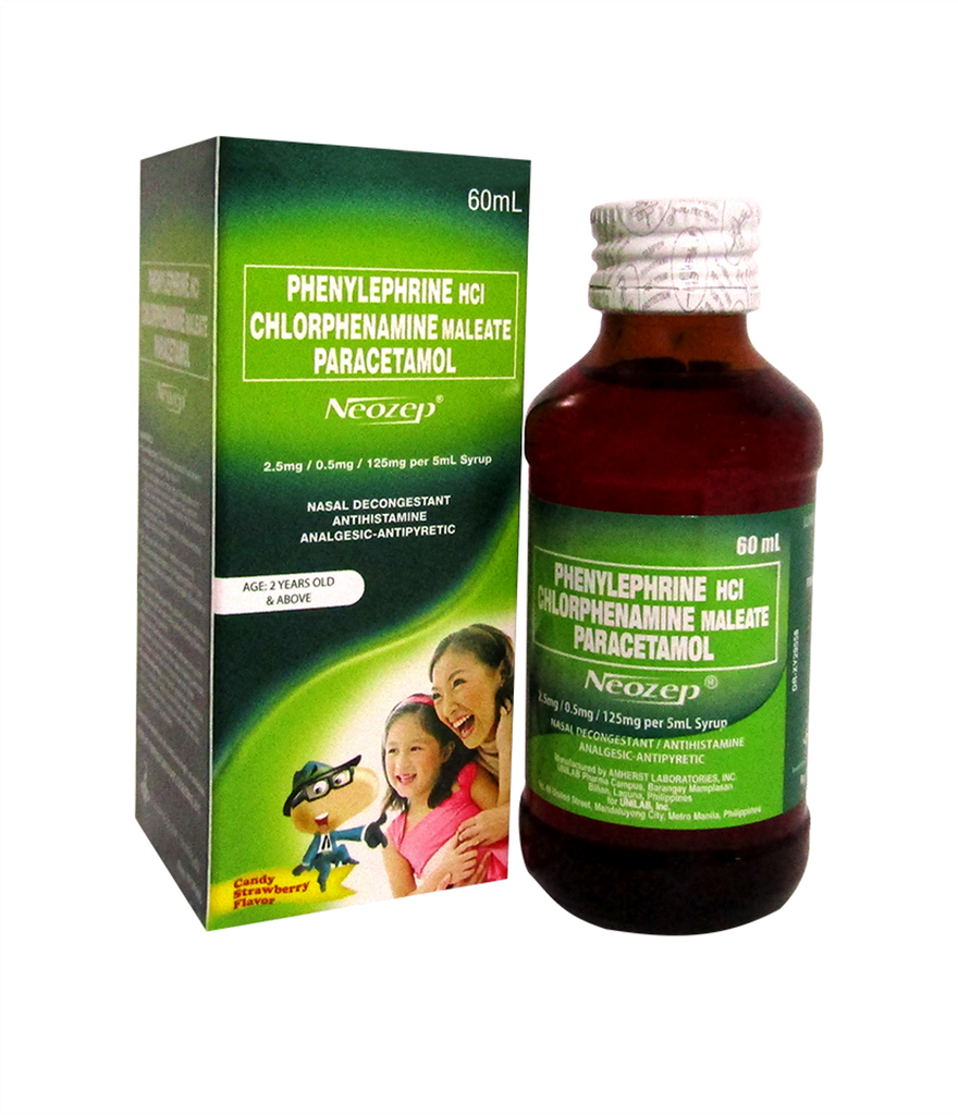 Neozep (chlorphenamine maleate, phenylephrine hydrochloride, paracetamol) 2.5mg/0.5mg/125mg per 5ml syrup 60ml