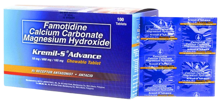 Kremil-S Advance (Famotidine + Calcium Carbonate + Magnesium Hydroxide) 10mg/800mg/165mg Tablet 