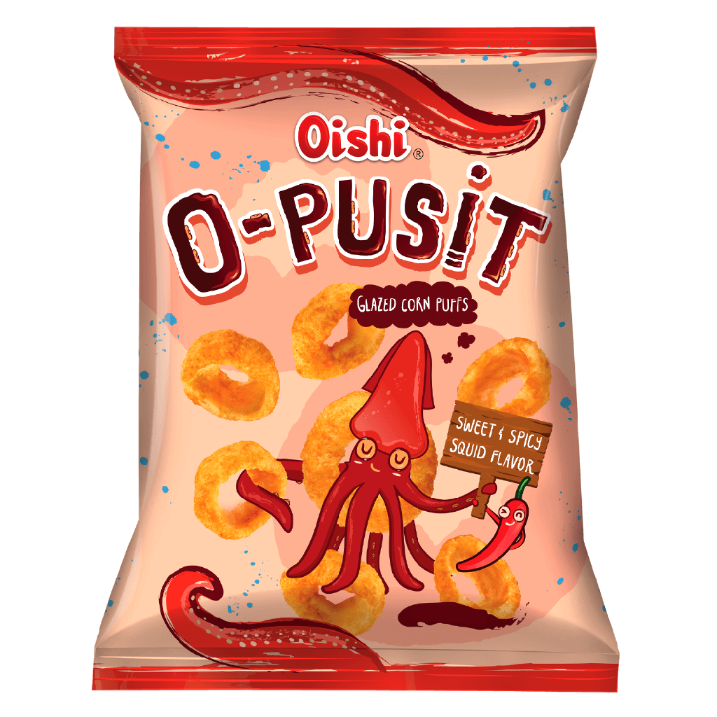 Oishi O-Pusit Glazed Corn Puffs Sweet & Spicy Squid Flavor 80g