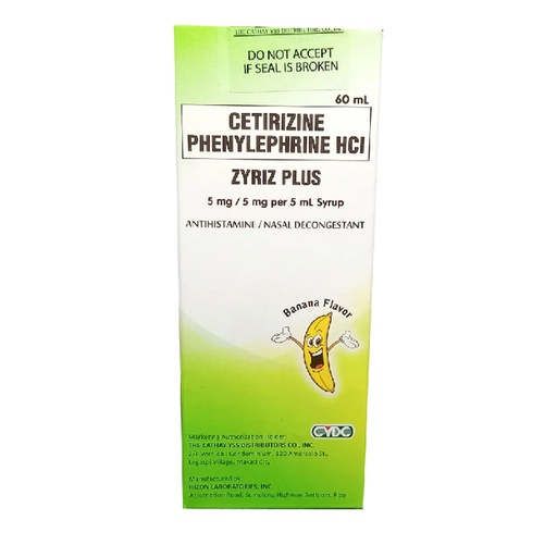 [RX-T11259-RESP-CAT00202] Zyriz Plus (Cetirizine + Phenyleprine) 5mg/5mg per 5ml Syrup 60ml