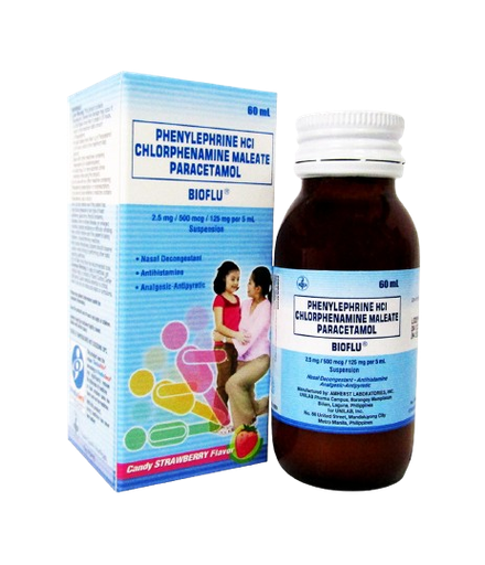[OTC-T10164-PAIN-CAT00081] Bioflu (Paracetamol, Chlorphenamine Maleate, Phenylephrine HCl) 2.5mg/500mcg/125mg per 5ml Suspension 60ml