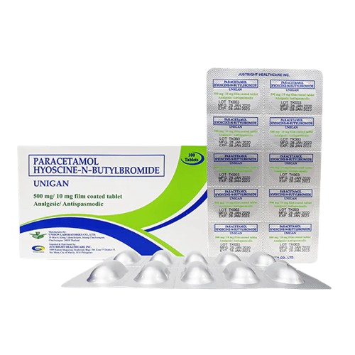 [RX-T10896-GIT-CAT00134] Unigan (Paracetamol + Hyoscine-N-Butylbromide) 500mg/10mg film-coated tablet 