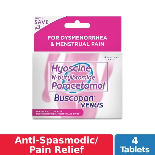 [OTC-T10033-GIT-CAT00030] Buscopan Venus (Hyoscine N-Butylbromide + Paracetamol) 10mg/500mg 4s Tablet