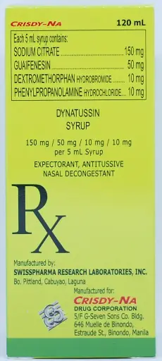 [OTC-T10753-RESP-CAT00382] Dynatussin (Dextromethorphan Hydrobromide / Guaifenesin / Sodium Citrate / Phenylpropanolamine Hydrochloride 10mg / 50mg / 150mg / 10mg per 5mL Syrup 120mL